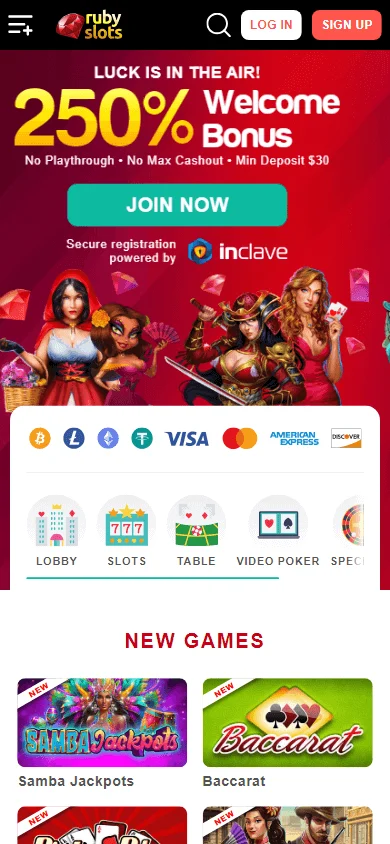 Ruby Slots Casino game lobby on a mobile device